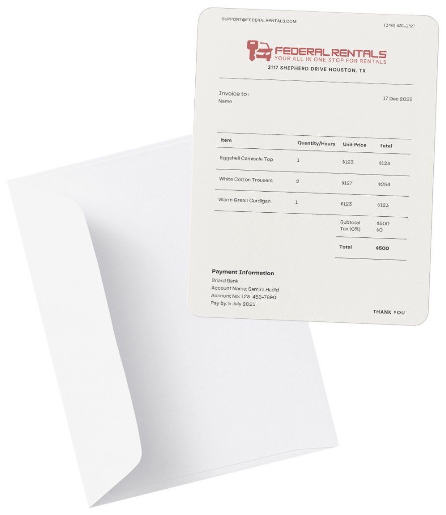 Federal Rentals branded invoice template with envelope