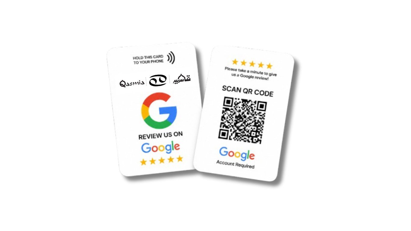 Qasmia NFC and QR Google review cards, front and back