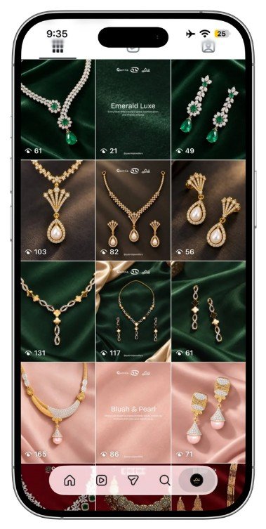 Qasmia Instagram grid with emerald, gold and blush jewellery creatives