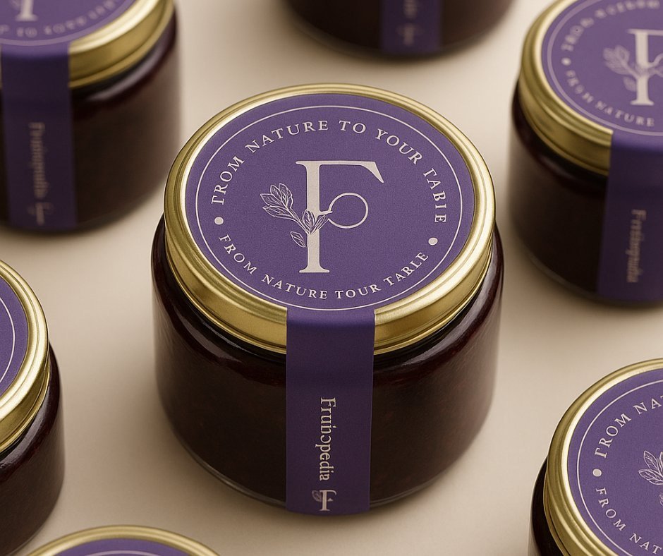 Fruitnpedia jam jars with purple branded labels