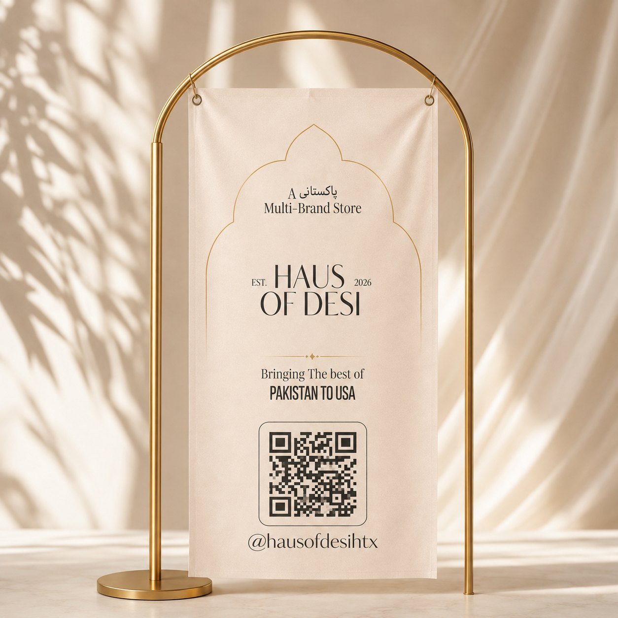 Haus of Desi standing banner with logo and QR code